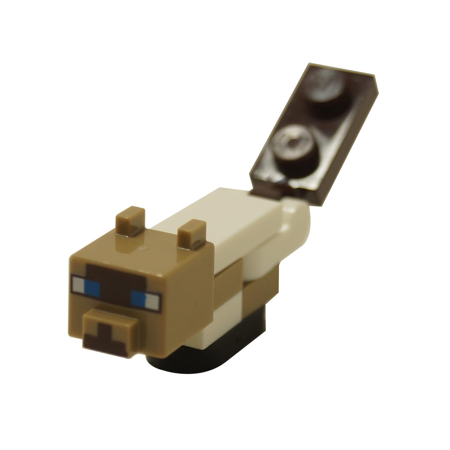 Minecraft bébi macska minifigura elölnézet világosbarna téglából készült fejjel, kék szemekkel és felhúzott farokkal
