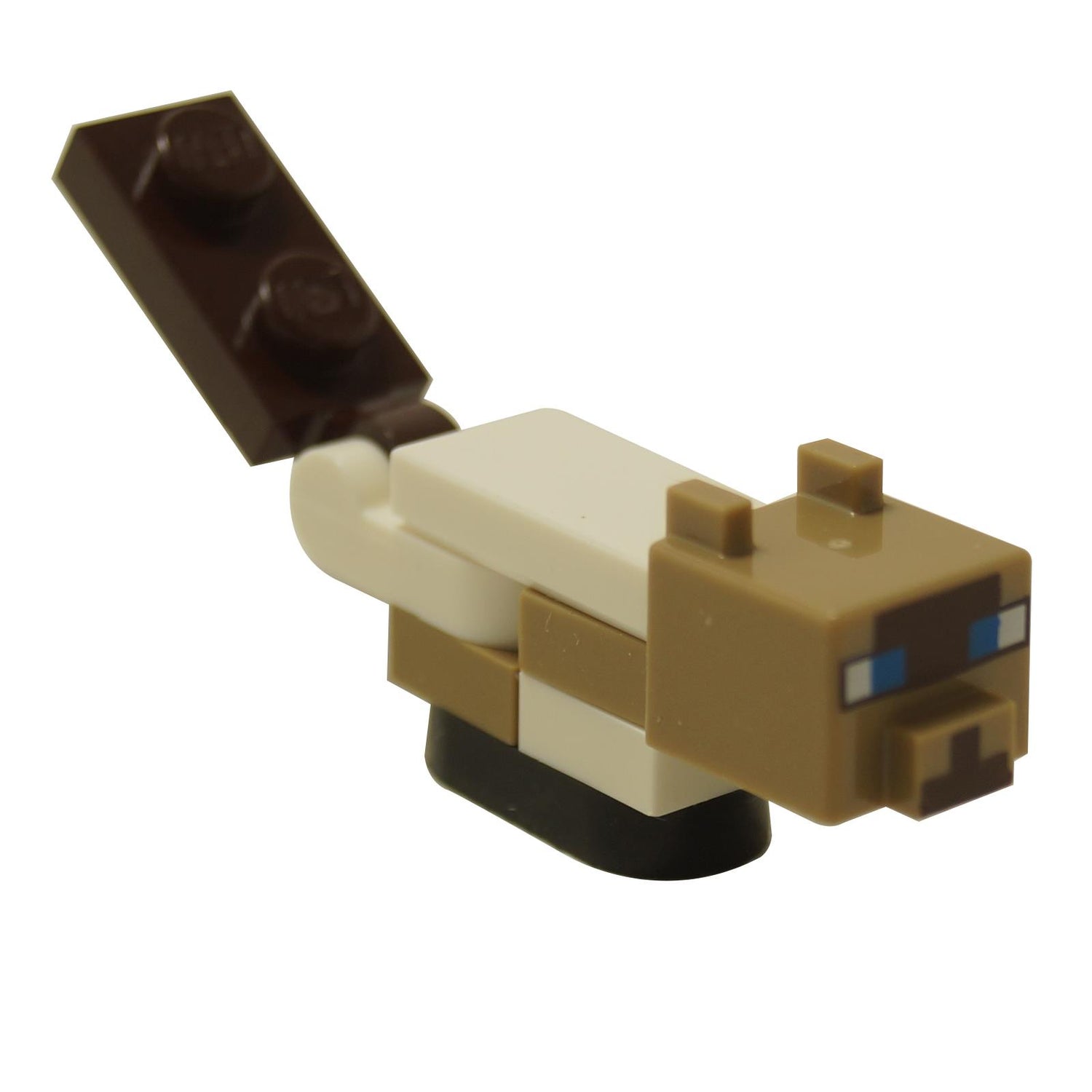 Minecraft baby cat minifigure side view, brick built body with tan head, blue eyes, and raised tail
