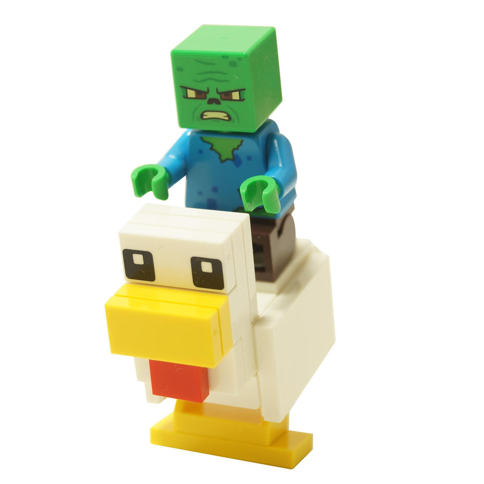 Minifigura de Minecraft de caballero de pollo que presenta a un bebé zombi montando un pollo blanco con pico amarillo
