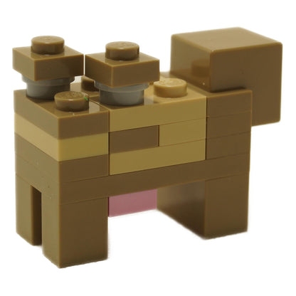 Side view of brick-built Minecraft cow in brown tones with layered block body and pink udder detail