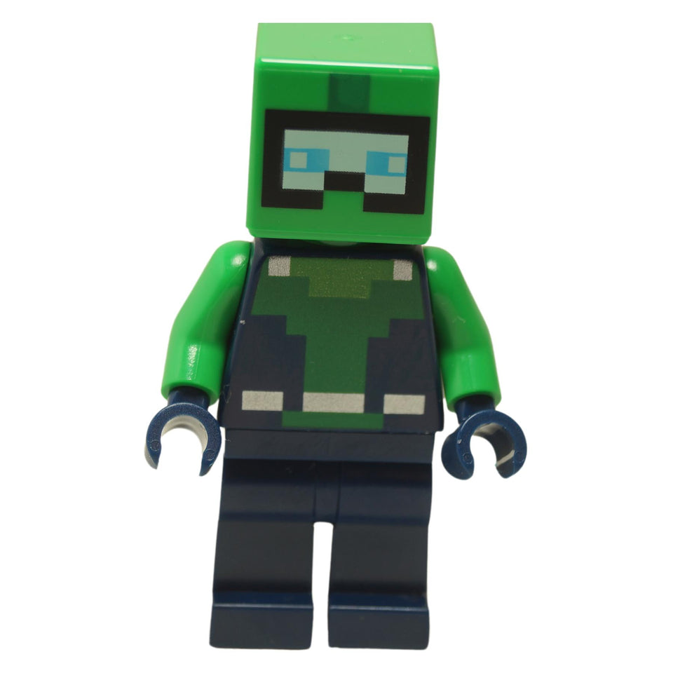 LEGO Minecraft Diver Explorer minifigure min153 with green square head, printed goggles, dark torso with green design, and dark blue legs