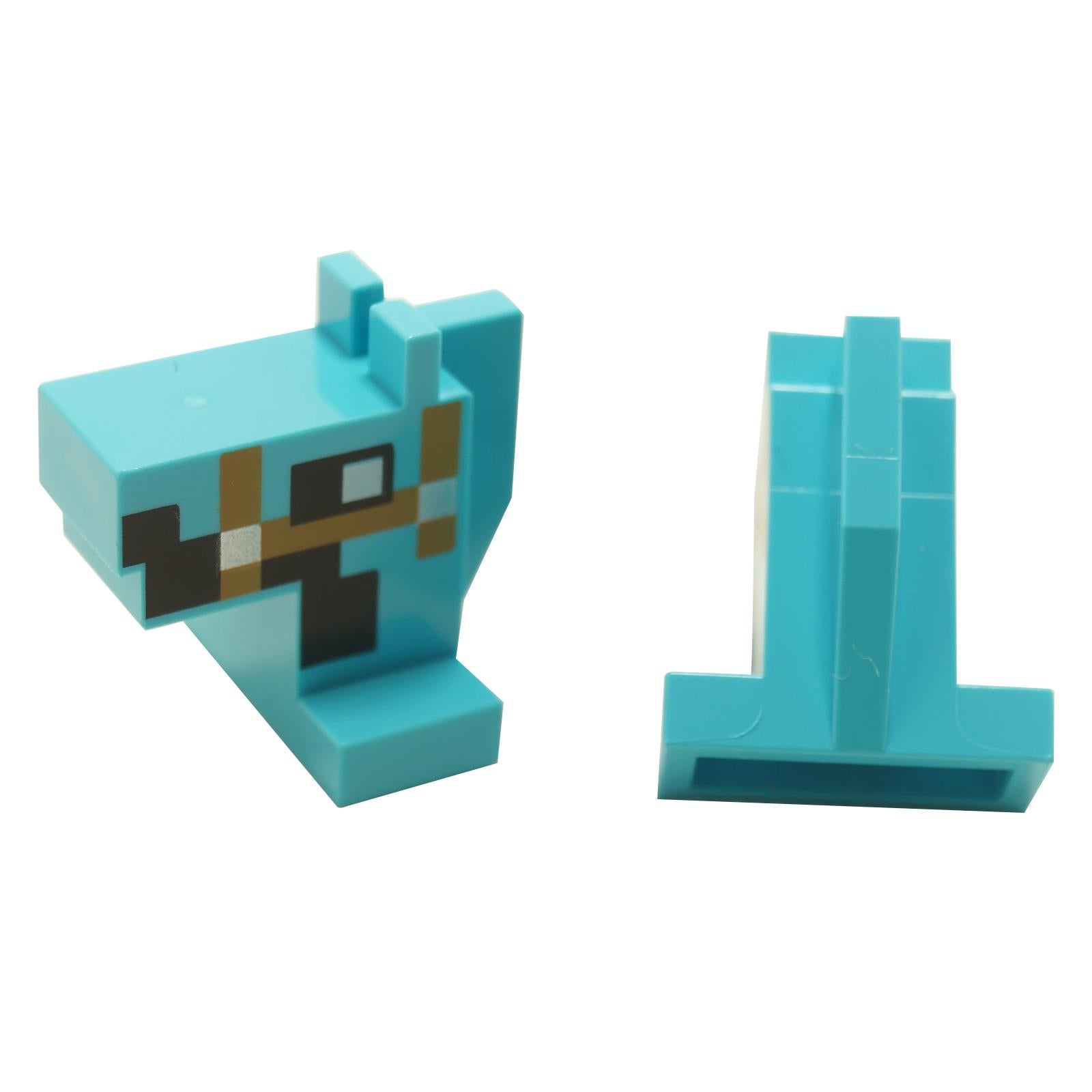 LEGO Minecraft Horse Head with pixelated design and straps in blue, brown, and black colors.