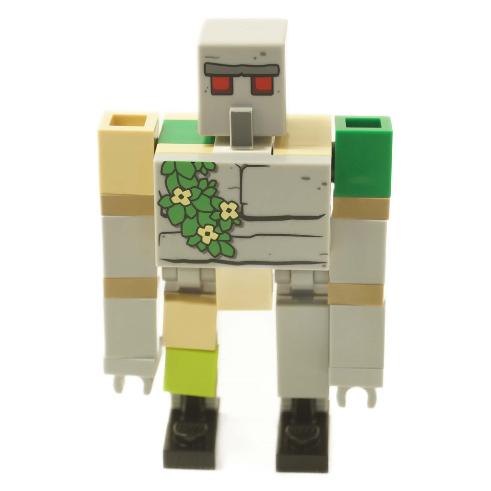 Figura de LEGO Minecraft Golem de Hierro construida con ladrillos grises, beige y verdes con ojos rojos.