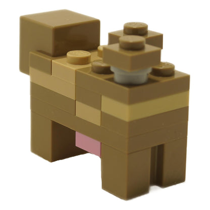 Brick-built Minecraft cow in brown tones with layered body design and small blocky head detail in back profile view.