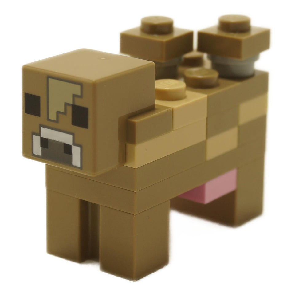 A brick-built LEGO Minecraft Mooshroom figure in dark tan and tan color scheme.