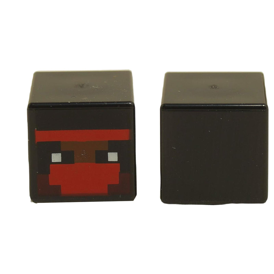 A LEGO Minecraft Ninja Head with a pixelated design, featuring a red bandana and black cube shape, compatible with LEGO Minecraft figures.