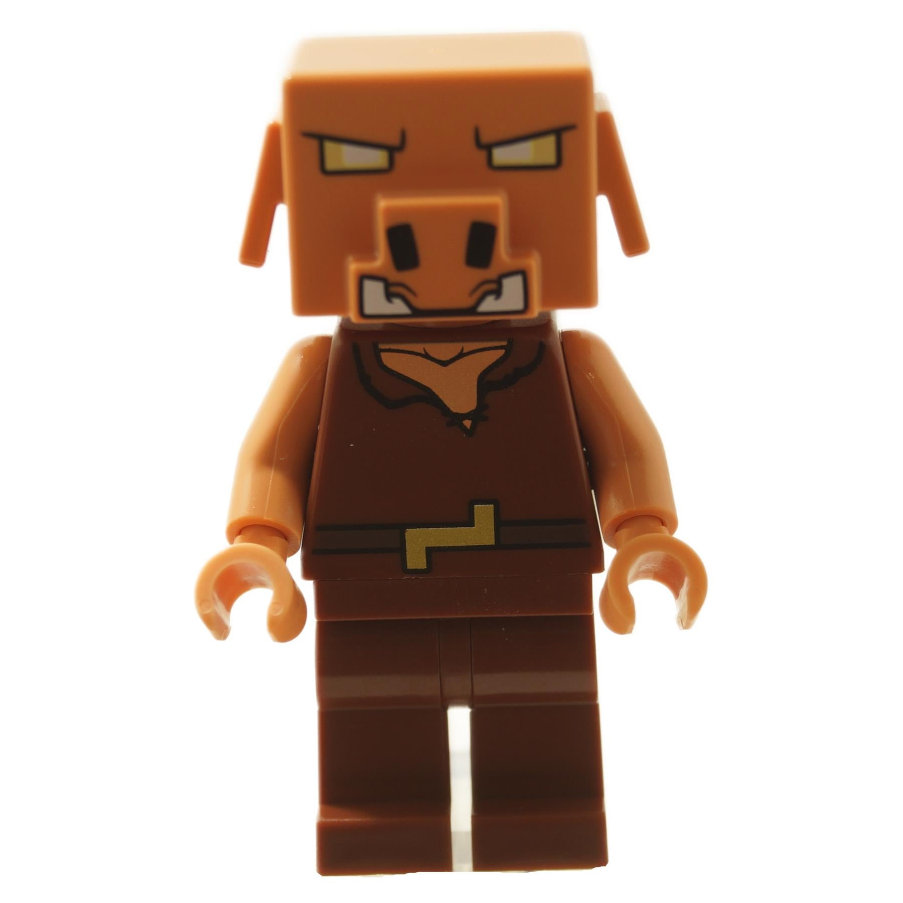 Vista frontal del minifigura de LEGO Minecraft Piglin (min213) con cabeza de bloque naranja, hocico y túnica marrón.