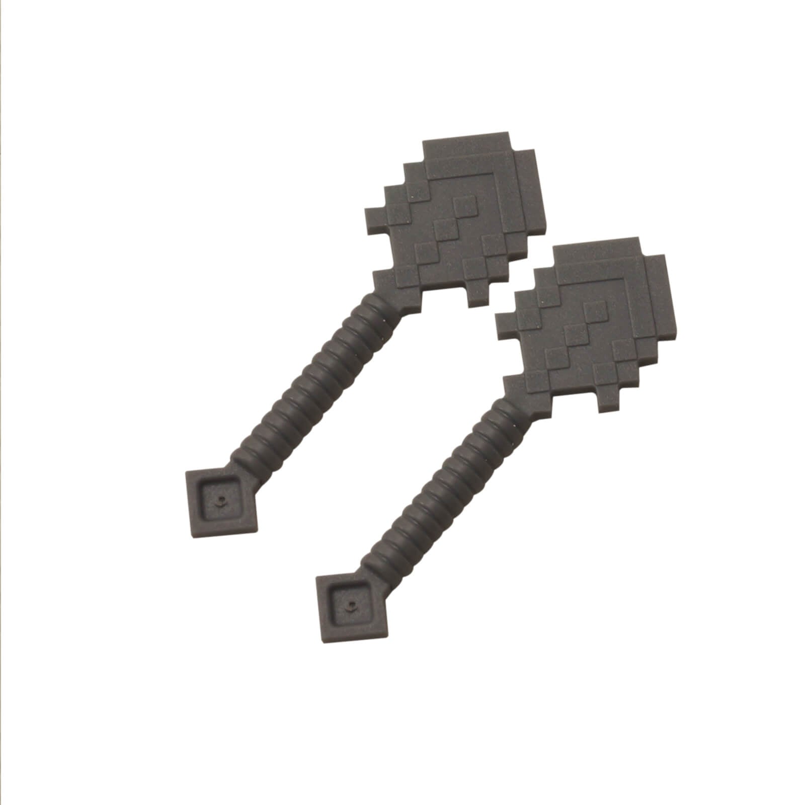 Two Dark Bluish Gray LEGO® Minecraft Shovels (18791), a pixelated tool for minifigures, representing a stone shovel.
