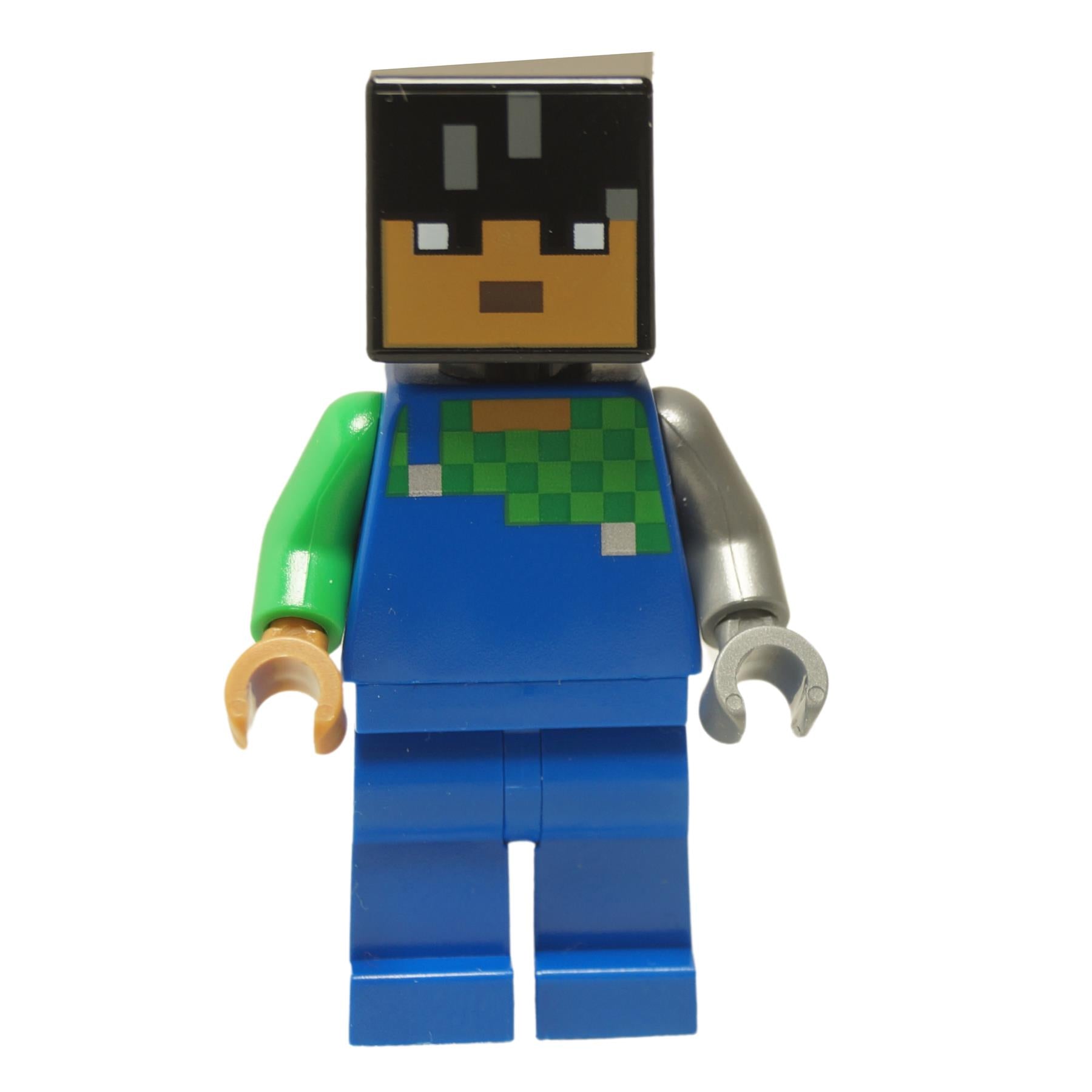 LEGO Minecraft Sunny minifigure min172 with square black hair head, blue overalls, green shirt, and mismatched green and silver arms