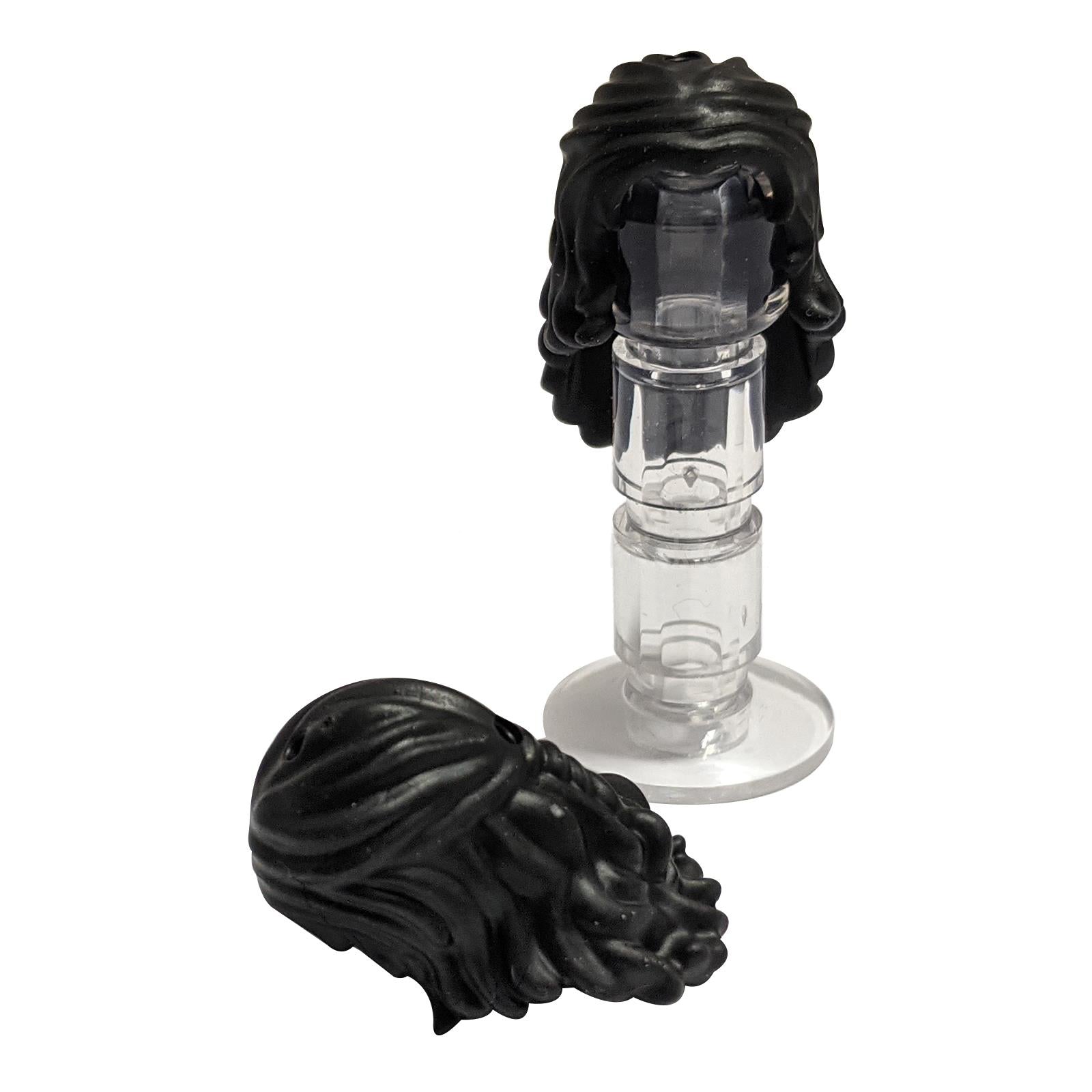 LEGO® mini-doll hair piece in black with long wavy style partially tied back, featuring hole on top and hole on back
