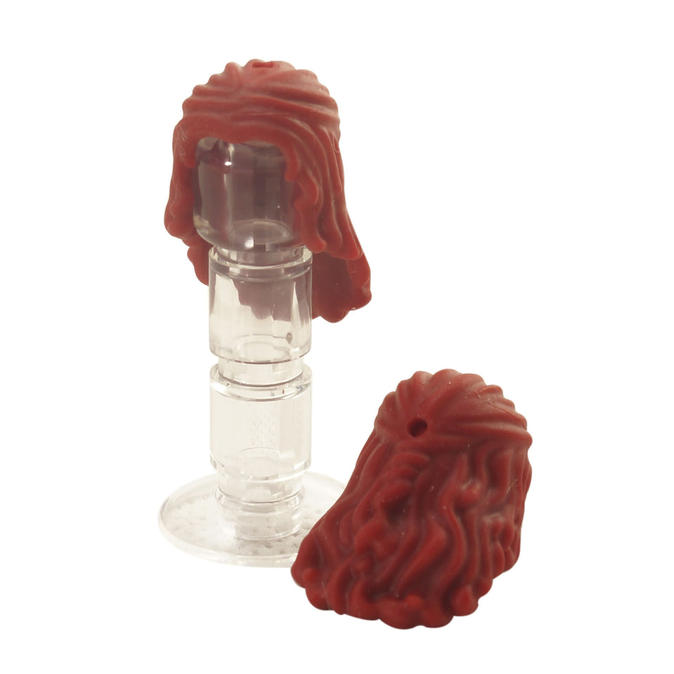 LEGO® mini-doll hair piece in dark red with long wavy style partially tied back, featuring hole on top and hole on back

