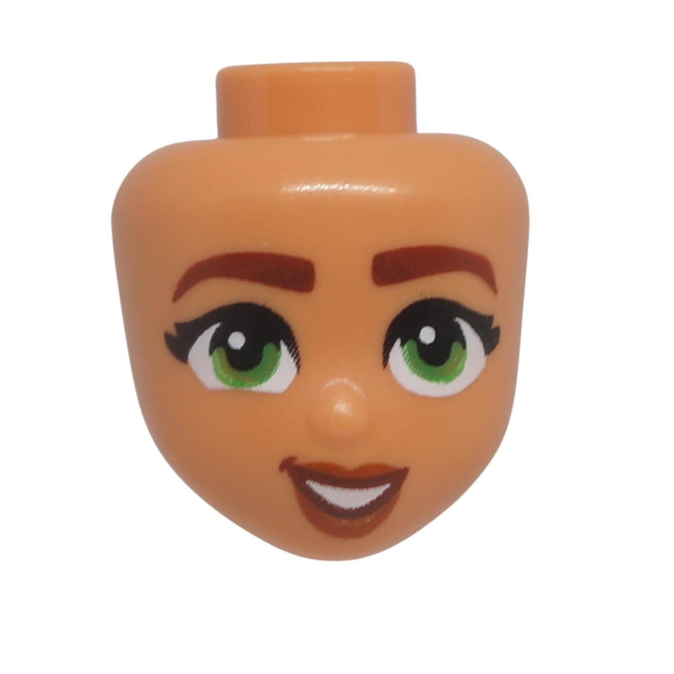 LEGO® Friends mini-doll head 101121 with green eyes, reddish brown eyebrows, dark orange lips and an open smiling expression.