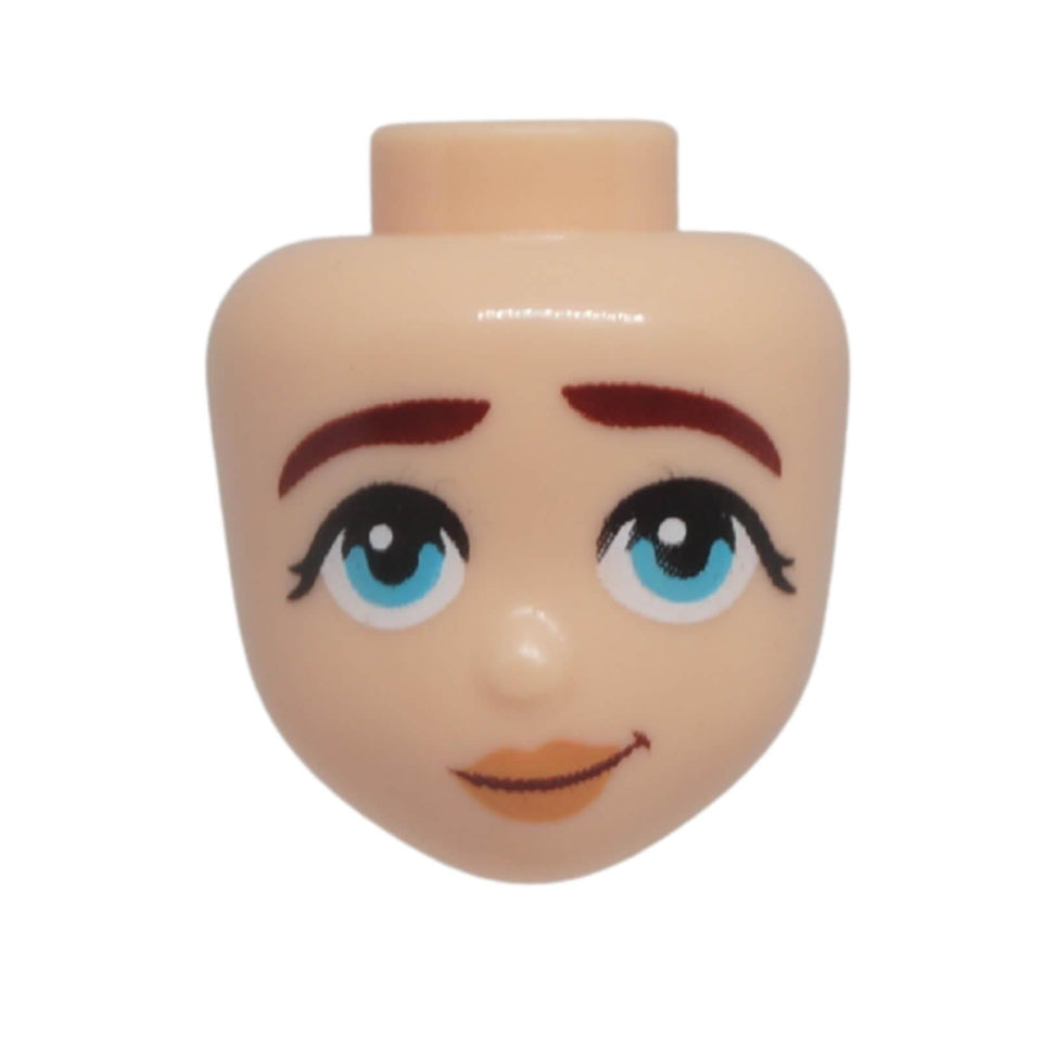 LEGO® Friends mini-doll head 101155 with thick dark red eyebrows, medium azure eyes, nougat lips and a subtle smirking expression.