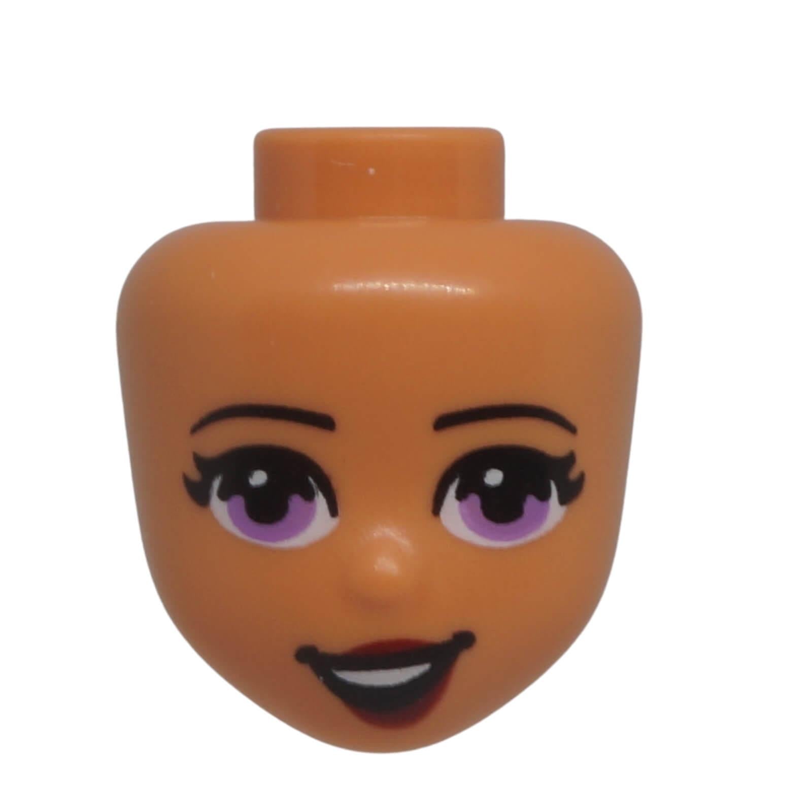 LEGO® Friends mini-doll head 78974 with medium lavender eyes, dark red lips and an open smiling expression.