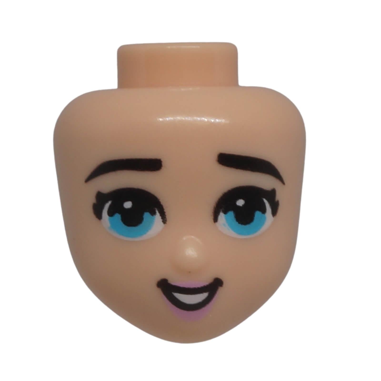 LEGO® Friends mini-doll head 79475 with black eyebrows, medium azure eyes, bright pink lips and an open smiling expression.