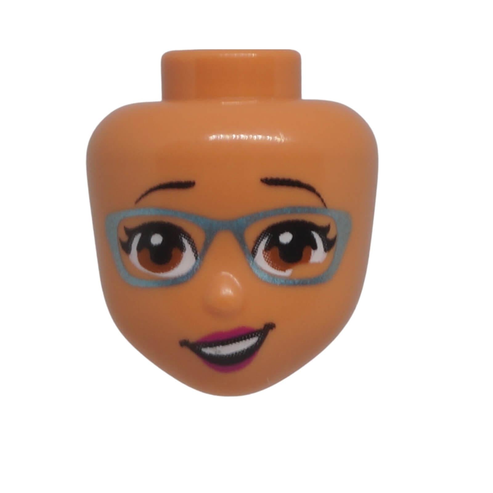 LEGO® Friends mini-doll head 84046 with metallic light blue glasses, dark orange eyes, magenta lips and a lopsided open smiling expression.