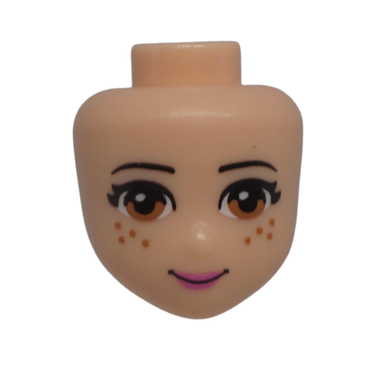 LEGO® Friends mini-doll head 98705 with medium nougat eyes, freckles, dark pink lips and a gentle closed-mouth smile.