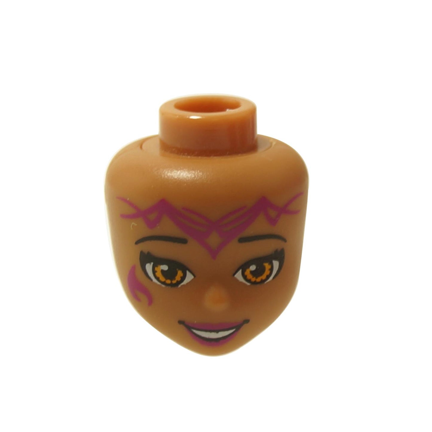 A medium nougat head mini-doll piece with a magenta tribal pattern and expressive eyes from the LEGO Elves and Friends series.