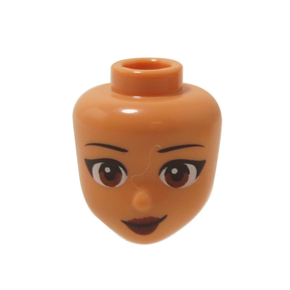 LEGO mini-doll head with black eyebrows, reddish-brown eyes, and dark red lips.