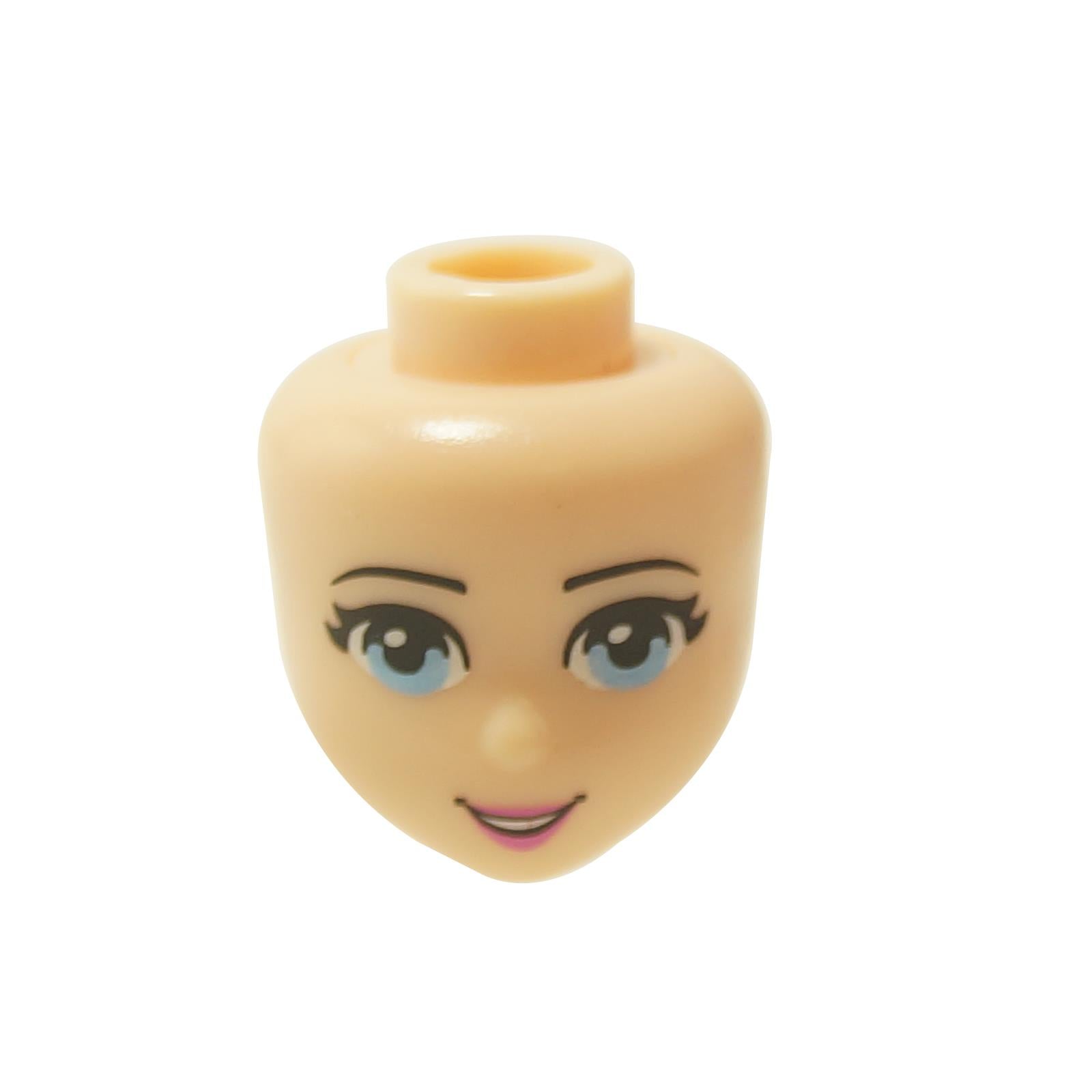 A LEGO mini-doll head with light nougat skin tone, bright light blue eyes, and a dark pink mouth forming an open-mouth smile.