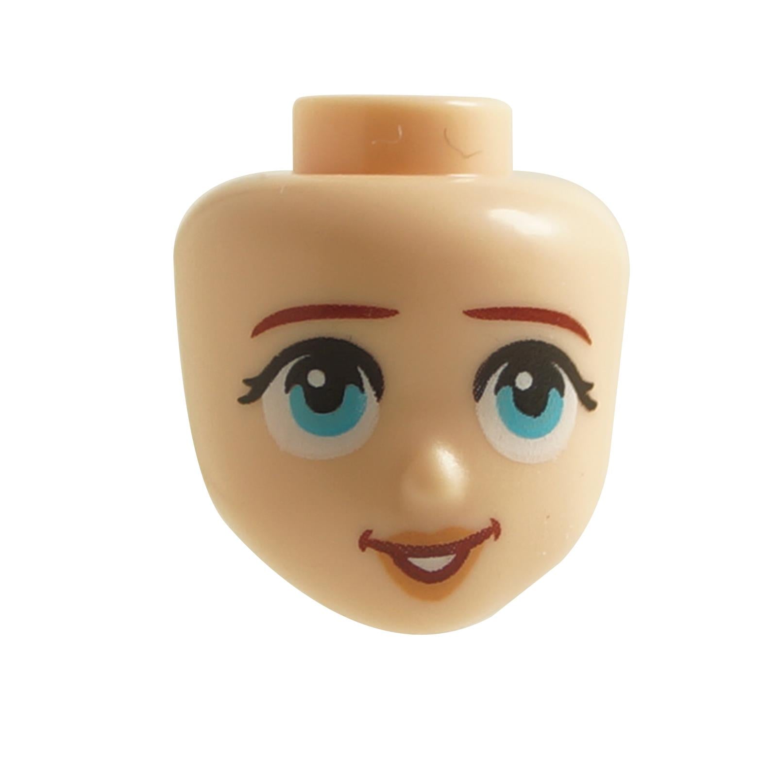Mini doll female head with bright blue eyes, arched eyebrows and open-mouth smile expression