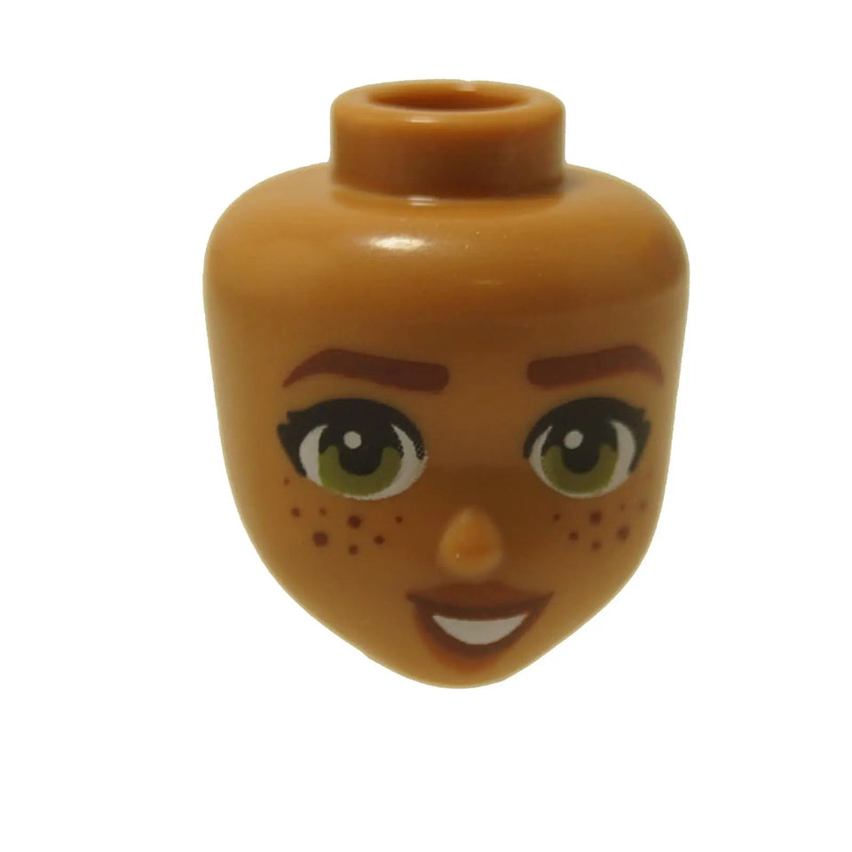 Mini-doll head with freckles and smile, olive green eyes and dark tan skin tone.
