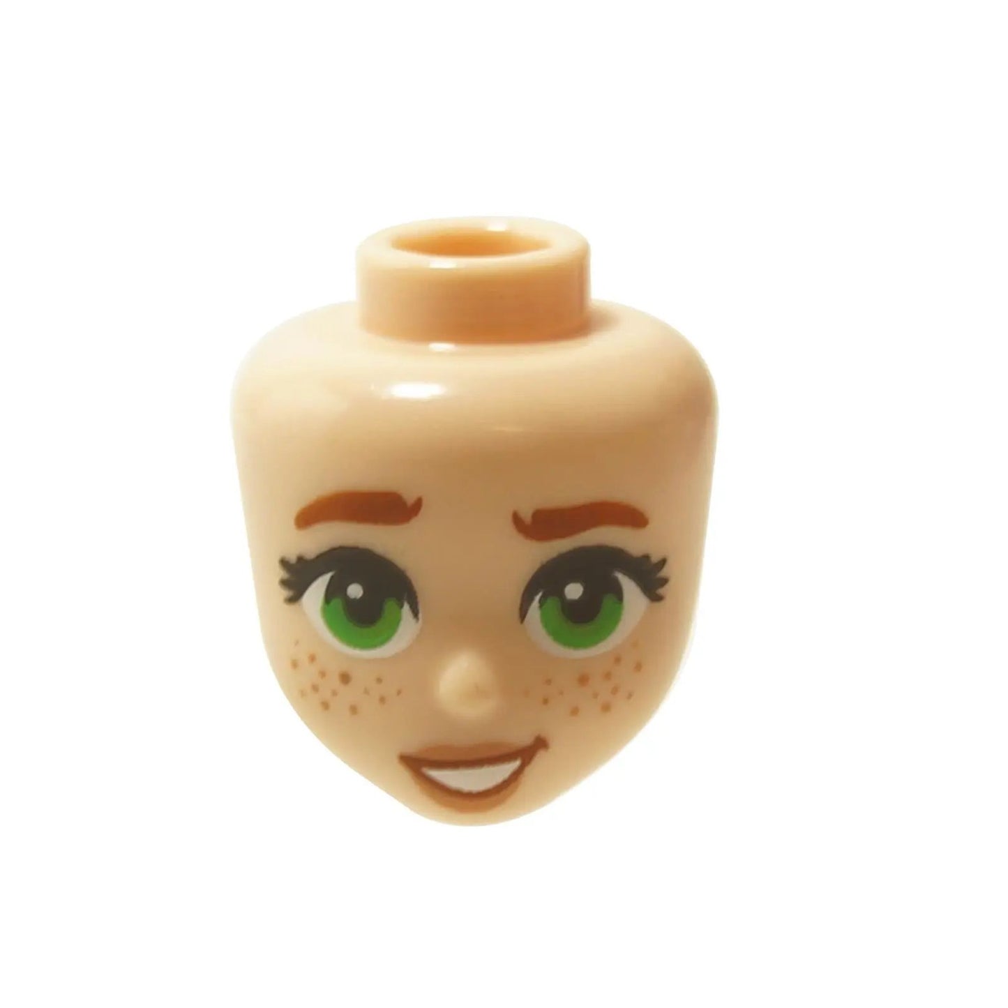  minifigure head with green eyes, brown hair, and a smile on a white background