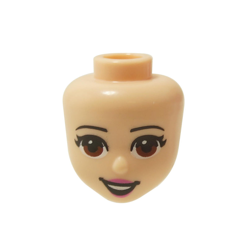 A light nougat mini-doll head with expressive reddish brown eyes, dark pink lips, and a lopsided smile.