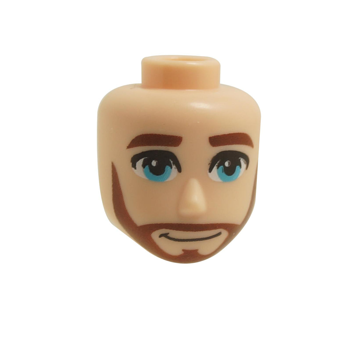 LEGO mini-dollhoofd met een licht nougatkleurige huidskleur, voorzien van mannelijke gelaatstrekken, een baard en medium azuurblauwe ogen met een vriendelijke uitdrukking.