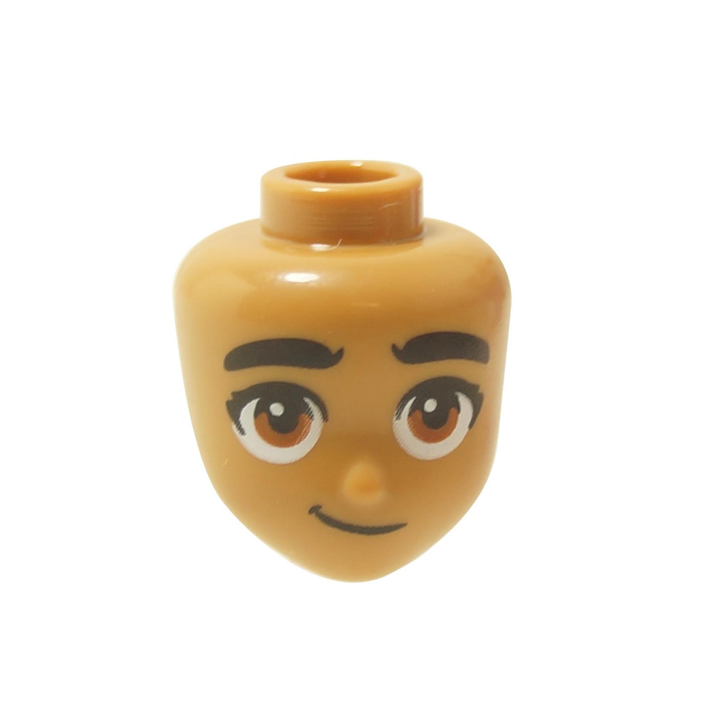 A medium nougat mini-doll head with thick black eyebrows, dark orange eyes, and a subtle smirk.
