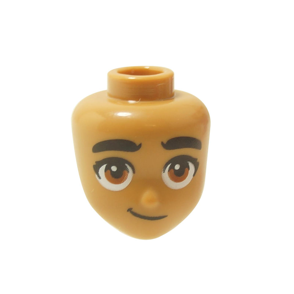 A medium nougat mini-doll head with thick black eyebrows, dark orange eyes, and a subtle smirk.