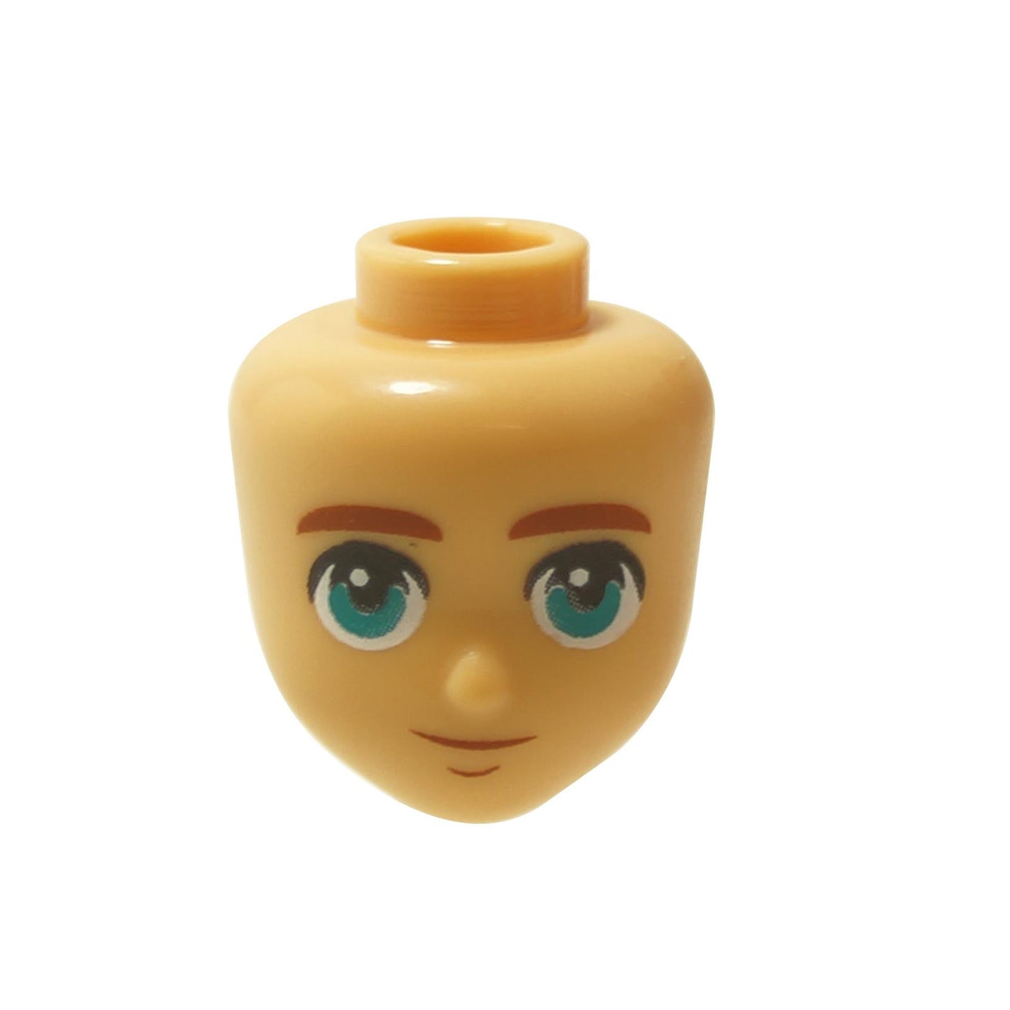Mini-doll head with dark turquoise eyes, subtle smile, and chin dimple detail