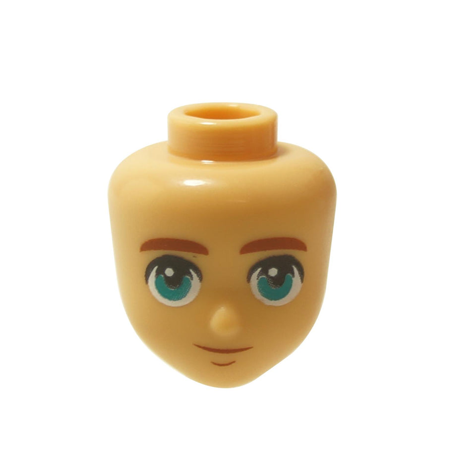 Mini-doll head with dark turquoise eyes, subtle smile, and chin dimple detail
