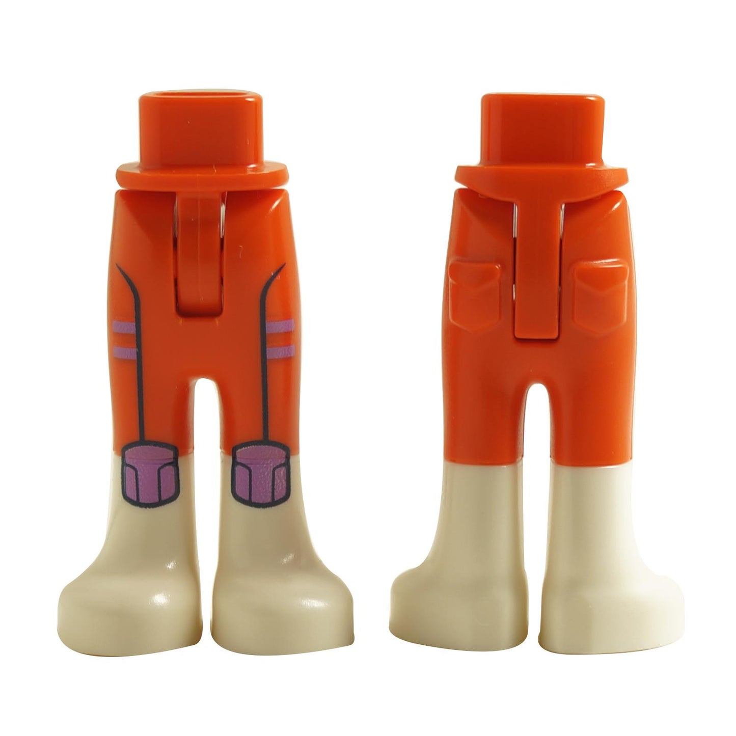 Mini doll hips with bright orange trousers featuring printed side stripes and knee pad details, plus molded white boots and back pocket detailing