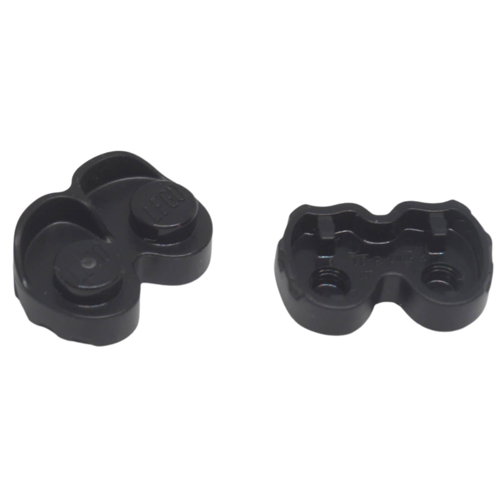 Black LEGO® mini-doll platform sole and shoe element 5107 shown from the top and underside.
