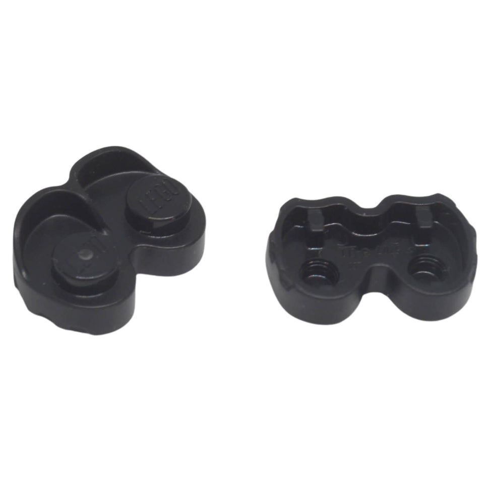 Black LEGO® mini-doll platform sole and shoe element 5107 shown from the top and underside.