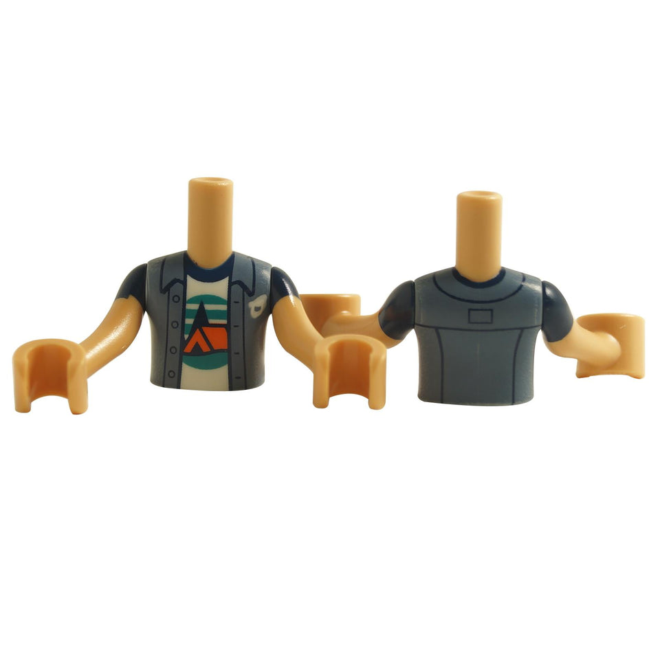LEGO mini doll torso, in a denim vest with a camping shirt print on front  and the back with a solid color vest.
