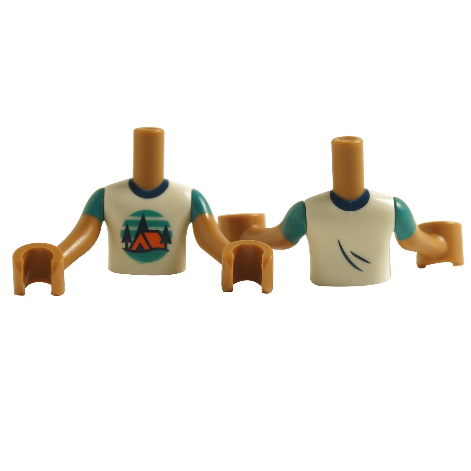 LEGO Mini Doll torso with a boy's camping t-shirt design, featuring teal short sleeves and a printed front with a tent and scenic landscape logo.