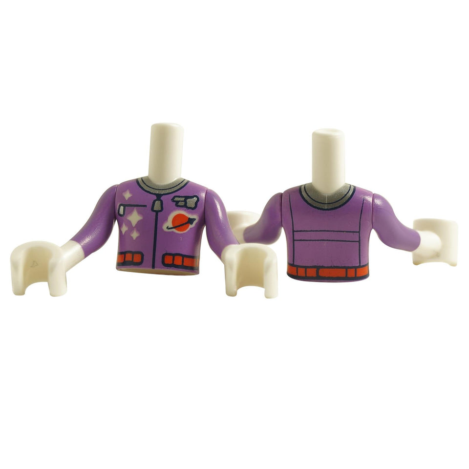 Mini doll female spacesuit torso in purple with classic space logo and printed space-themed details