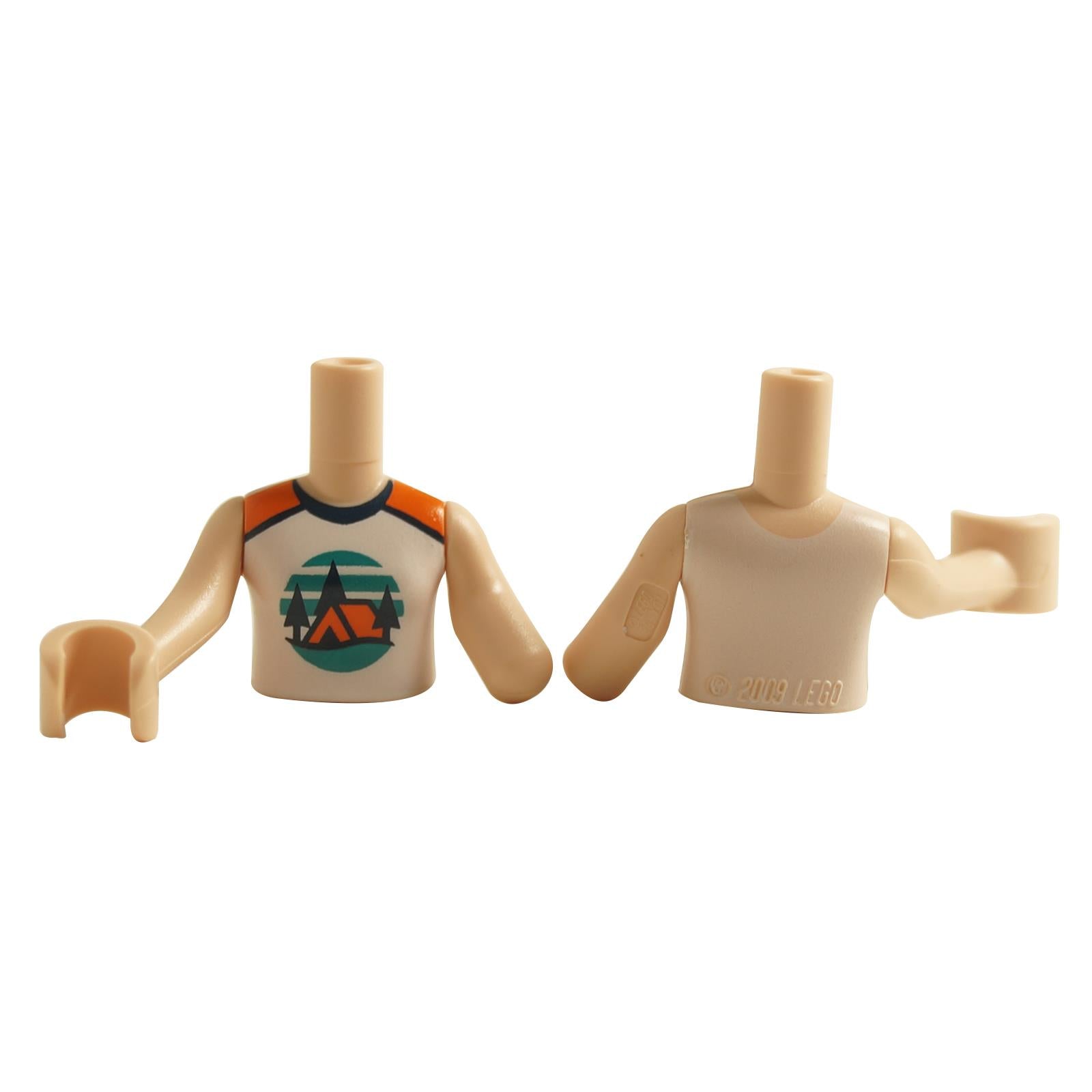 LEGO Mini Doll torso with a girl's camping tank top design, featuring a tent and pine tree logo, in white with orange shoulder details.