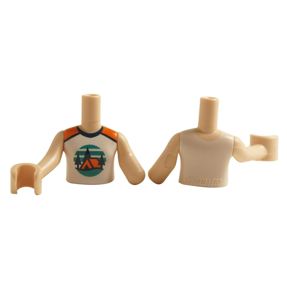 LEGO Mini Doll torso with a girl's camping tank top design, featuring a tent and pine tree logo, in white with orange shoulder details.