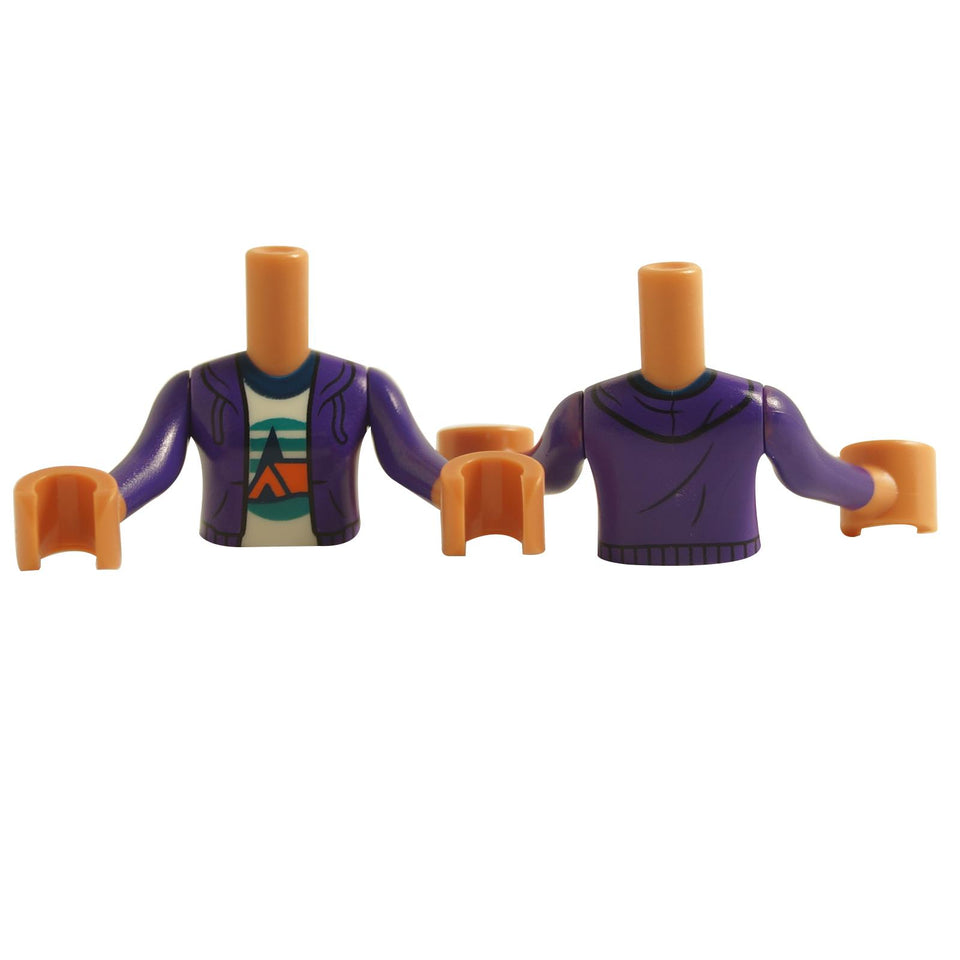 LEGO mini doll torso with purple jacket and white t-shirt with a camping tent design, in front and back view.