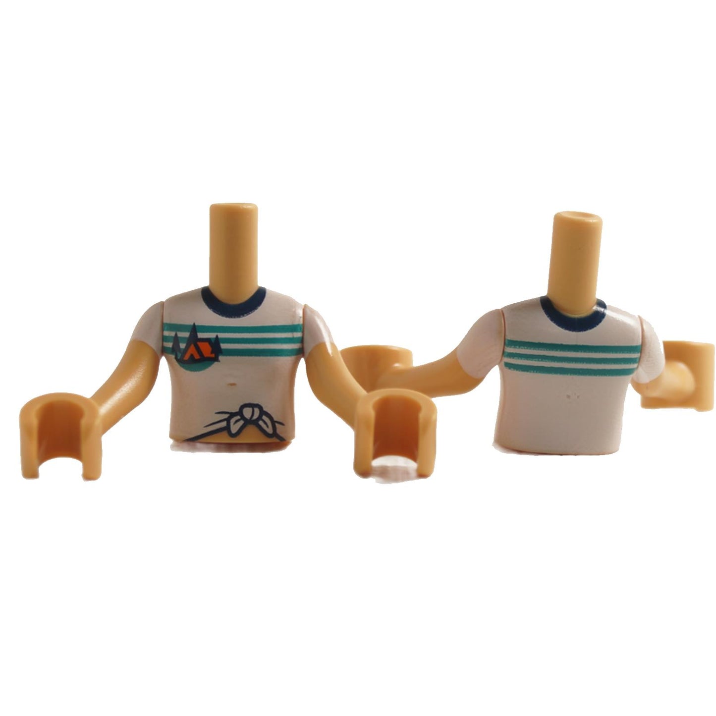 LEGO mini doll torso with a striped camping shirt and tied hem in white, teal, and navy blue colors.