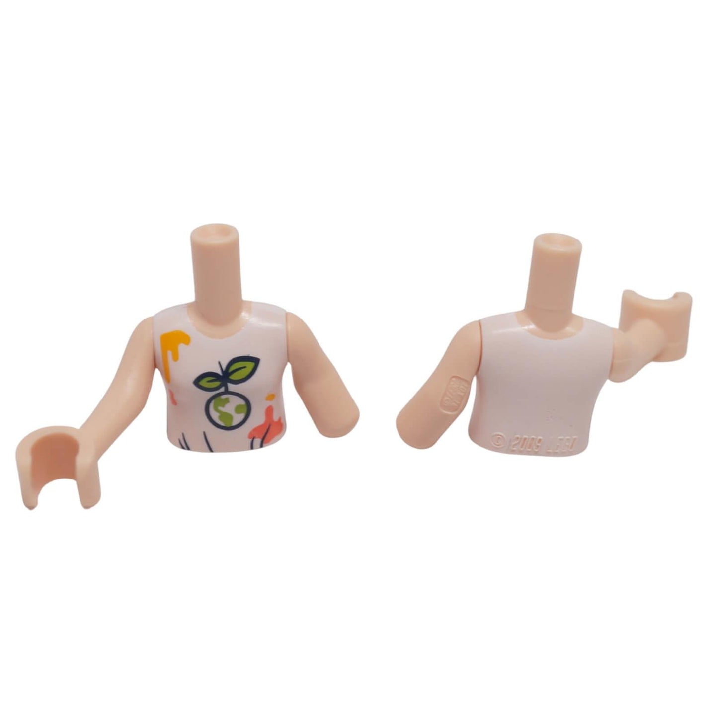 LEGO mini-doll torso FTGpb406c01 with white paint splash and globe print shown front and back