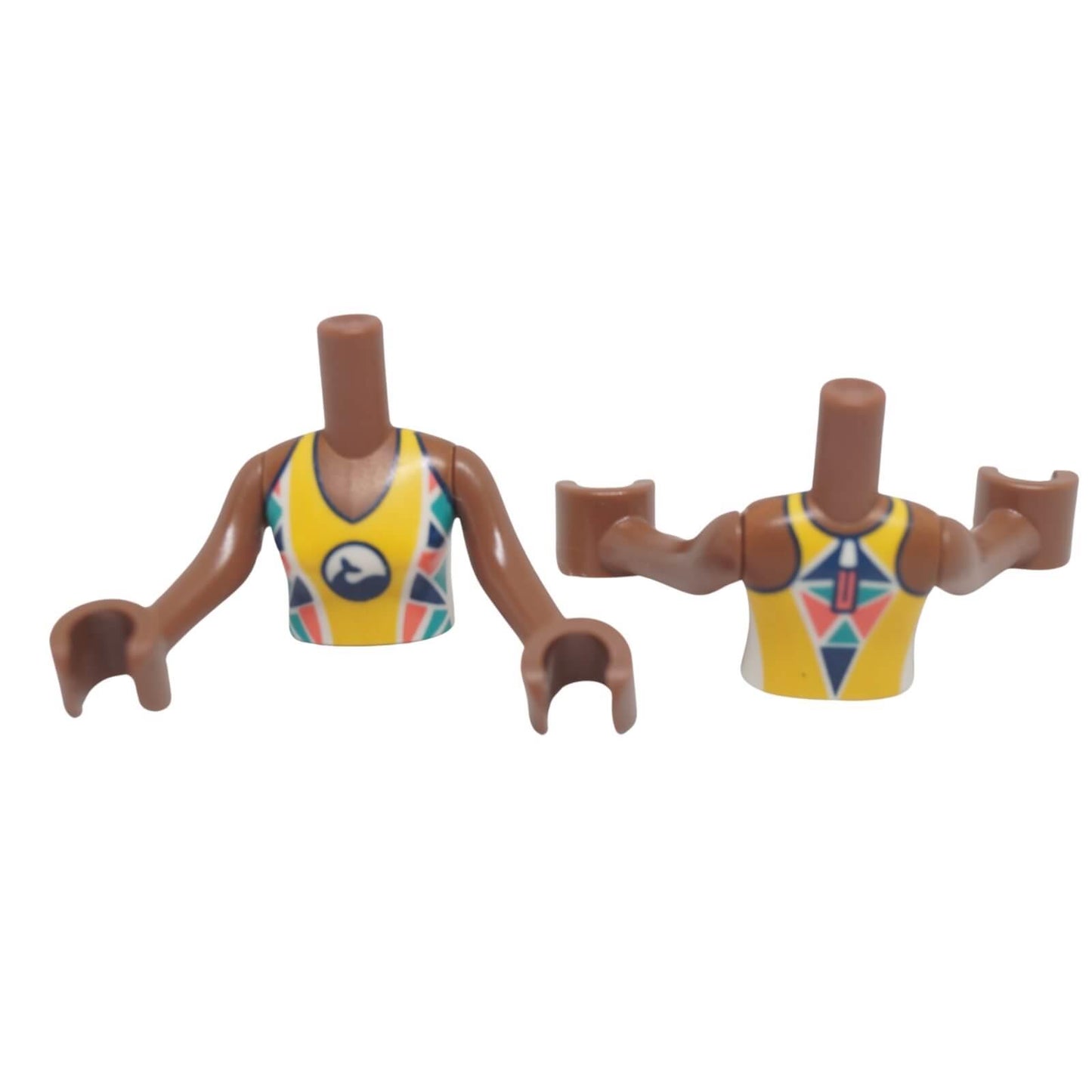 LEGO mini-doll torso FTGpb436c01 with yellow wetsuit print and medium brown arms shown front and back