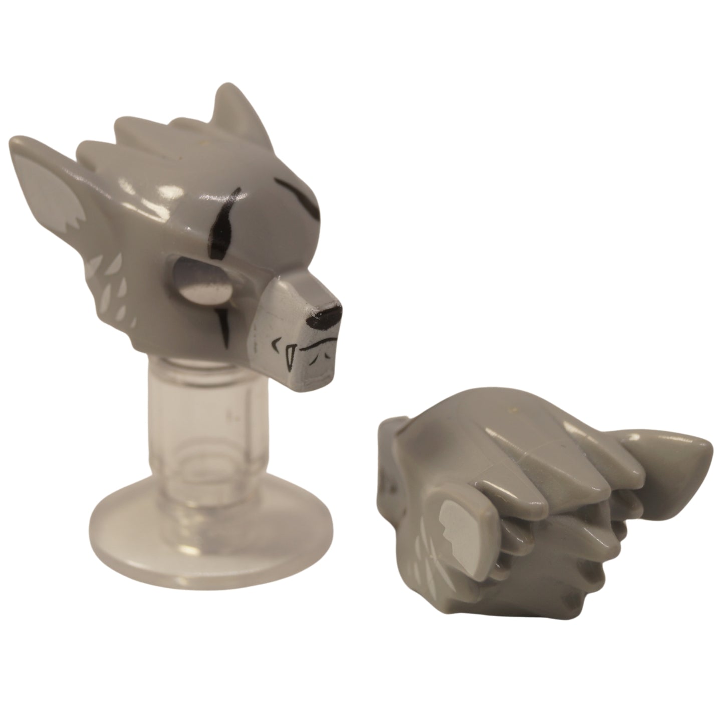 LEGO® minifigure wolf mask headgear with fangs, scars and white ears pattern 11233pb01 in light bluish gray
