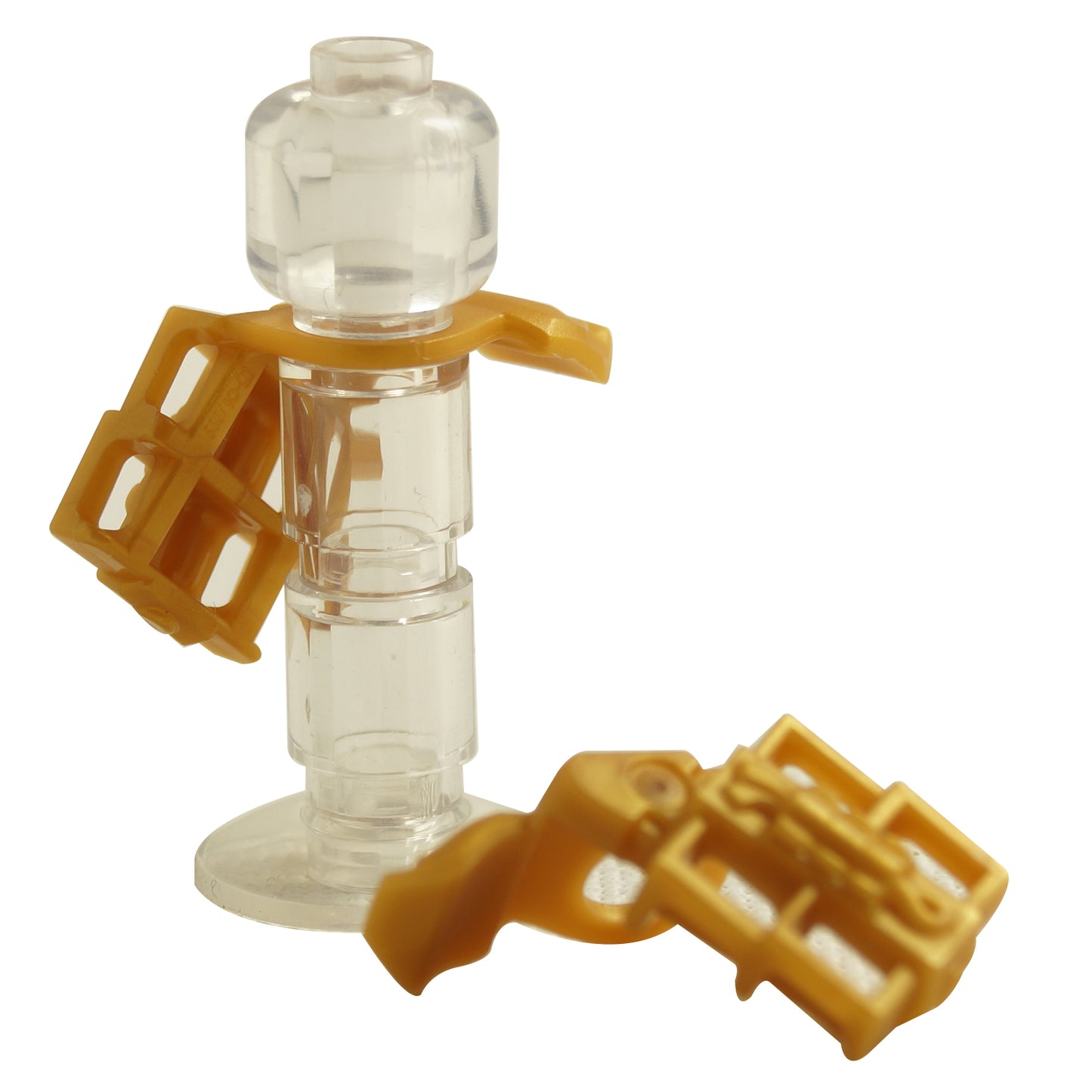 A LEGO minifigure armor shoulder pad with a scabbard for two katanas, made of clear plastic.