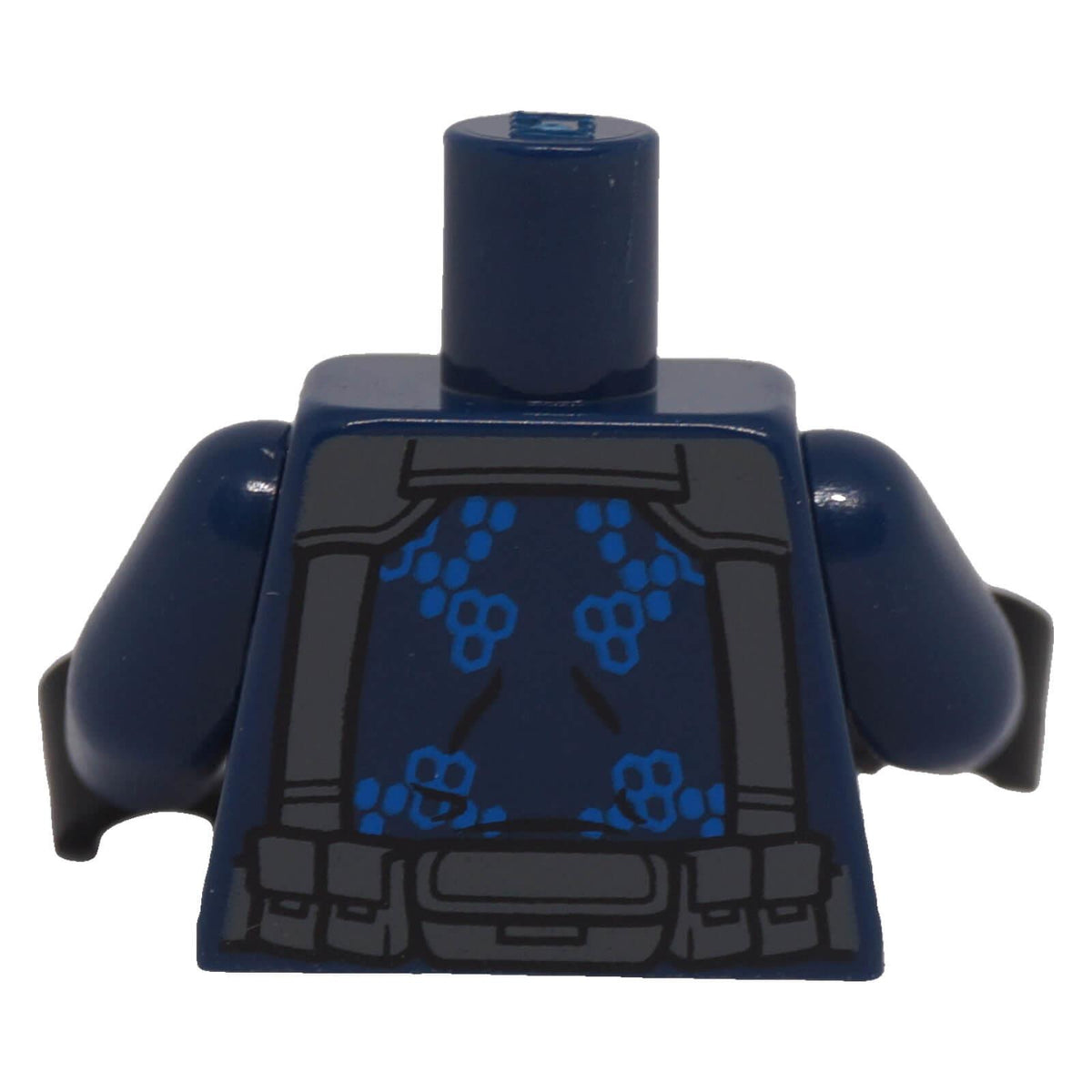Back of dark blue LEGO minifigure ACU torso with grey harness straps, belt pouches and blue pattern