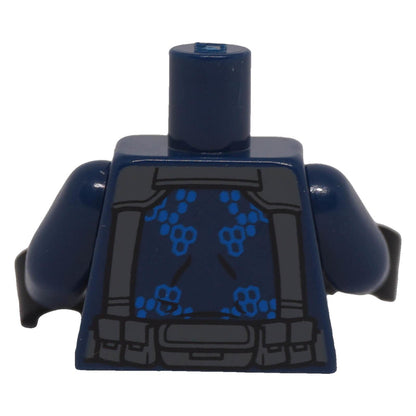 Back of dark blue LEGO minifigure ACU torso with grey harness straps, belt pouches and blue pattern