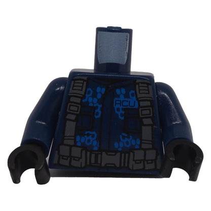 Front of dark blue LEGO minifigure ACU jacket torso with grey straps, belt and utility pouches